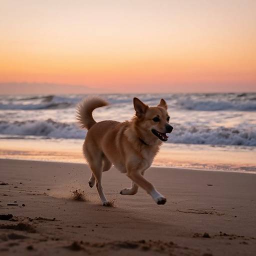 Photograph of a tan and white Australian Shepherd joyfully running along a sandy beach at sunset, with waves crashing in the background.
