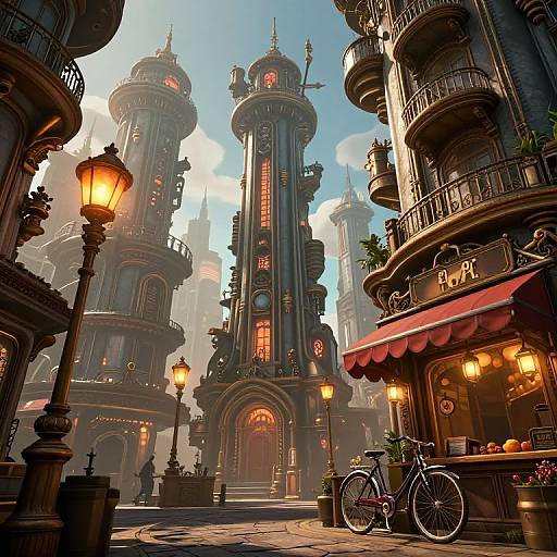 Steampunk Cityscape with Bicycle
