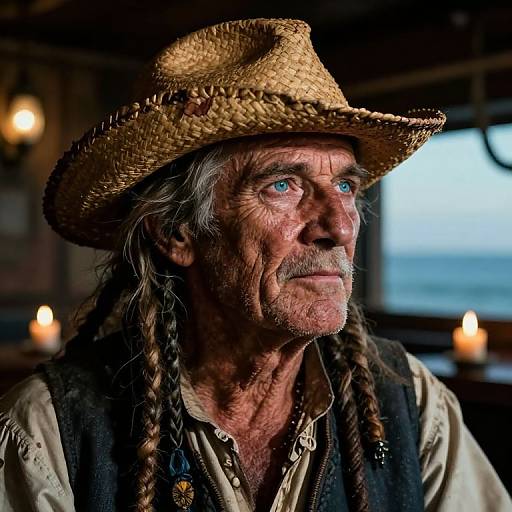 Photograph of a rugged, older man with weathered skin, blue eyes, and long braids, wearing a straw hat and vest, illuminated by