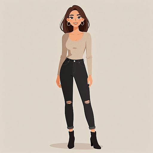 Digital illustration of a young woman with fair skin and brown hair, wearing a beige ribbed top, black ripped jeans, and black ankle boots, standing