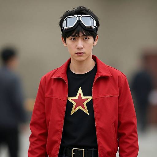 Photograph of an East Asian young man with black hair, wearing goggles on his head, a red jacket, black shirt with a gold star, and