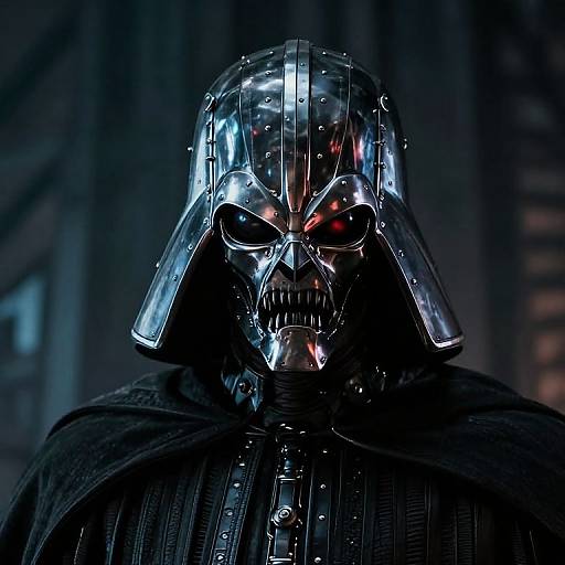 Photorealistic close-up of Darth Vader's chrome helmet and black cape, with glowing red eyes, against a dark, futuristic background.