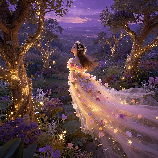 Dreamy night scene: fairy-like woman with glowing flower dress, head crown, surrounded by enchanted glowing trees and flowers, under a purple twilight sky.