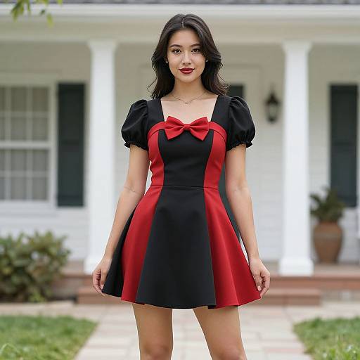 Photograph of a young woman with dark hair, wearing a black and red dress with a bow, standing in front of a white house.