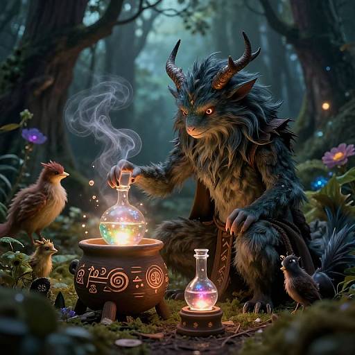 Digital fantasy artwork of a horned, furry, beast-like creature with glowing eyes, cooking over a magical lantern in a mystical forest, surrounded by small