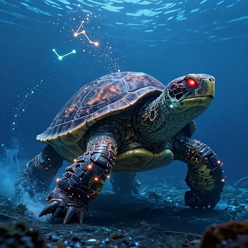 Photorealistic digital artwork of a glowing red-eyed sea turtle swimming underwater, surrounded by bioluminescent stars and constellations, with a deep