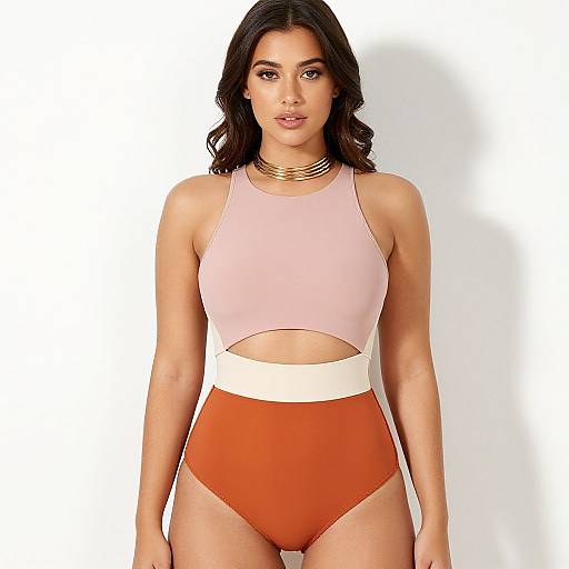 Photograph of a young woman with medium brown skin and long dark hair, wearing a pink crop top and high-waisted orange bikini bottoms, standing