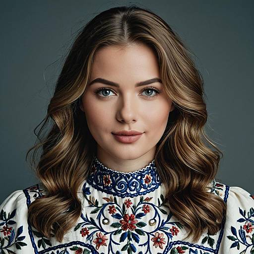Portrait of Young Woman in Embroidered Dress
