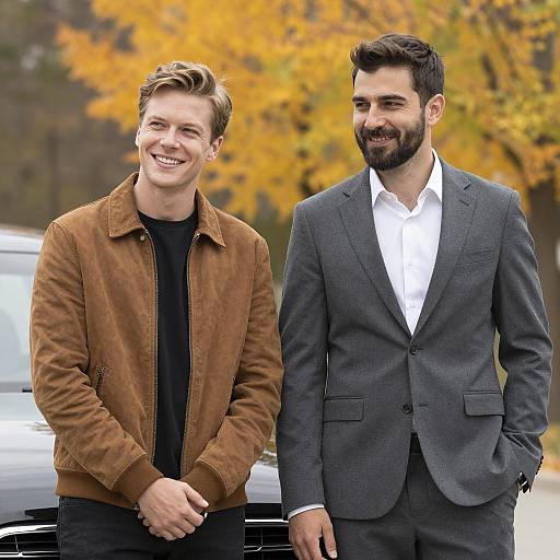 Photograph of two smiling men; left wears brown suede jacket, black shirt; right wears gray suit, white shirt, standing in autumn park.