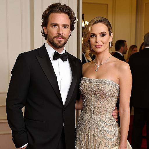 Photograph of a handsome bearded man in a black tuxedo and a beautiful woman with blonde hair in an elaborate, strapless, silver gown