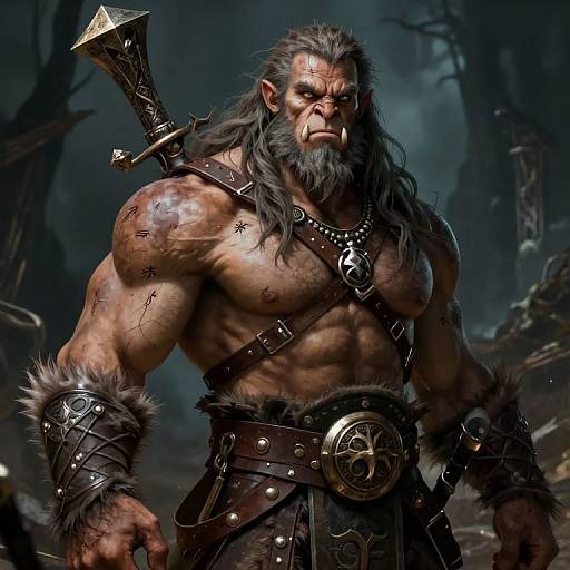 Digital art of a muscular, bearded orc warrior with scars, wearing fur-trimmed leather armor and a large sword on his back, standing in