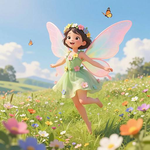 Joyful Fairy Girl in Flower Meadow