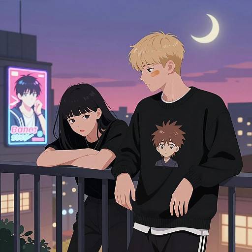 Anime Style Teens Leaning on Balcony at Night