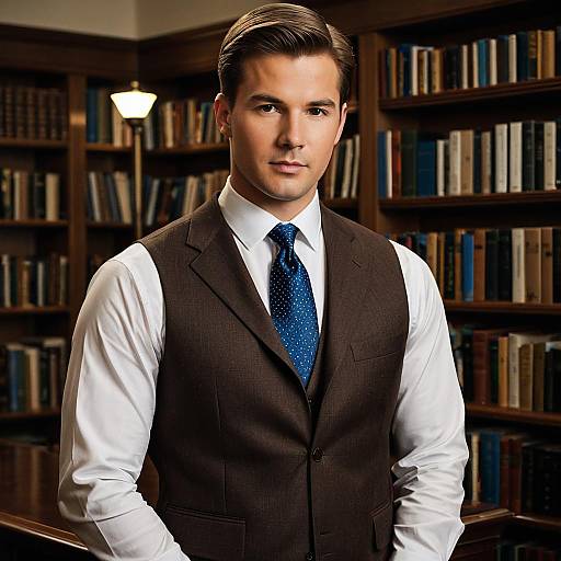Handsome Young Man in Brown Suit in Library