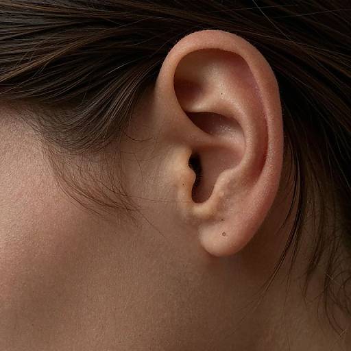 Close-up photograph of a human ear with light skin, visible earlobe, and dark brown hair on the side. The ear's texture and small skin