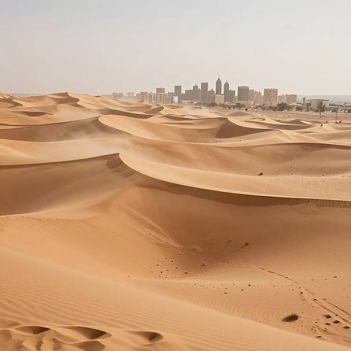 Photograph of vast, undulating desert sand dunes with footprints, leading to a distant, hazy city skyline under a bright, clear sky