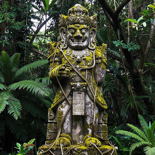 Photograph of a moss-covered, stone Hindu deity statue with a mischievous smile, standing in a dense, lush jungle with ferns.