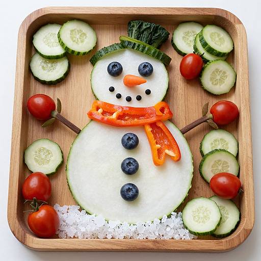 Photograph of a veggie snowman on a wooden tray with cucumber eyes, nose, and buttons, blueberries, orange carrot scarf, and tomato