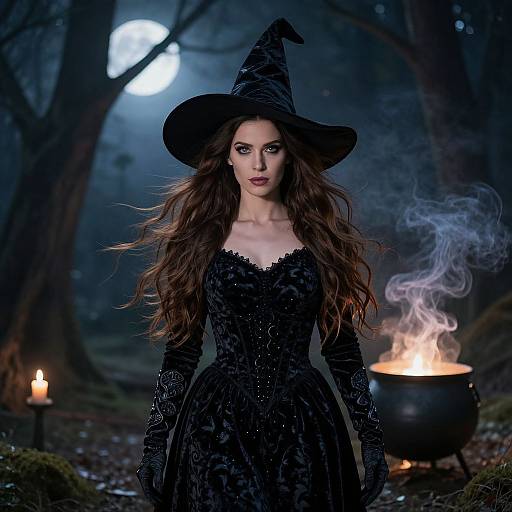 Mysterious Witch in Moonlit Forest