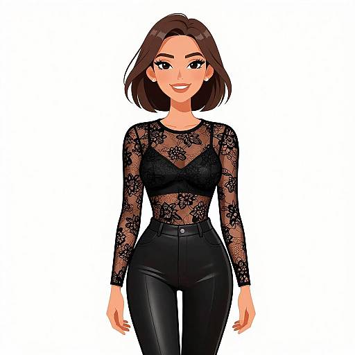 Digital illustration of a smiling woman with short brown hair, wearing a black lace long-sleeve top and black high-waisted pants, standing against