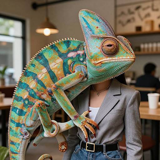 Photograph of a person in a gray blazer and blue jeans, with a vividly colored, large chameleon perched on their shoulder in a