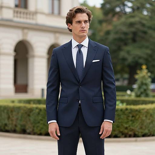 Photograph of a handsome man with wavy brown hair, wearing a dark navy suit, white shirt, and polka dot tie, standing in front