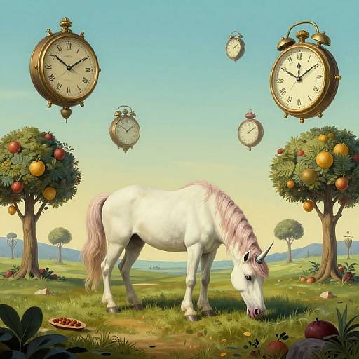 Digital illustration of a white unicorn grazing in a lush orchard with floating antique clocks, surrounded by apple trees and ripe fruit.