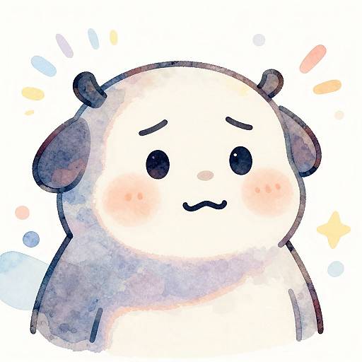 Cute watercolor drawing of a chubby, white, cartoon dog with black ears, blushing cheeks, and a surprised expression. Background features soft spl