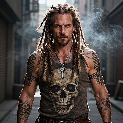 Rugged Man with Dreadlocks and Tattoos