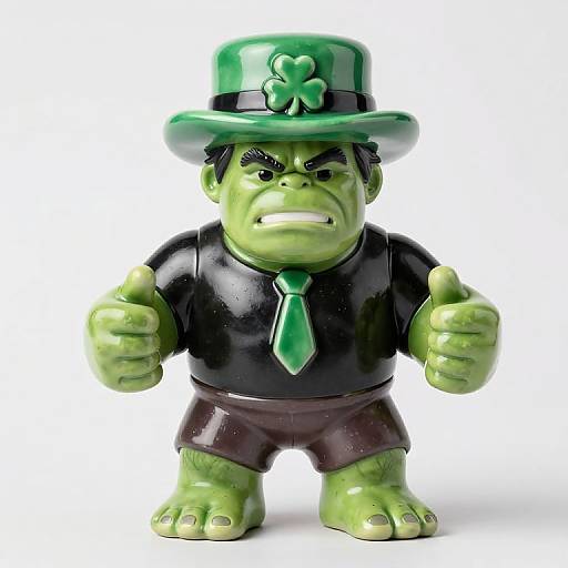 Photograph of a green Hulk figurine in black shirt, green tie, brown shorts, green top hat with clover, and thumbs-up pose.