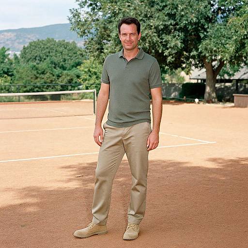 Photograph of a middle-aged man with short dark hair, wearing a gray polo shirt, beige pants, and tan shoes, standing on a sunlit