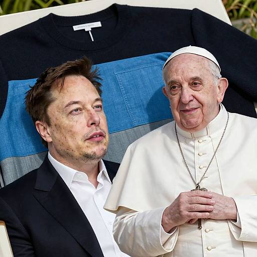 Photograph of actor Gerard Depardieu in a black suit and white shirt, sitting beside Pope Benedict XVI in white papal robes, both smiling,