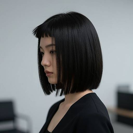 Photograph of an Asian woman with a straight, black bob haircut, wearing a black top, in a softly lit, minimalist room.