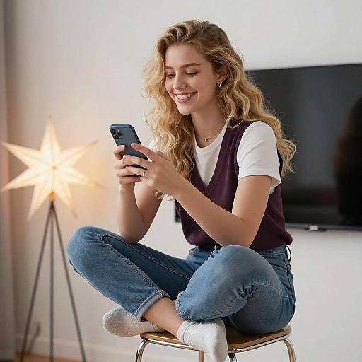 Smiling Woman with Smartphone Sitting