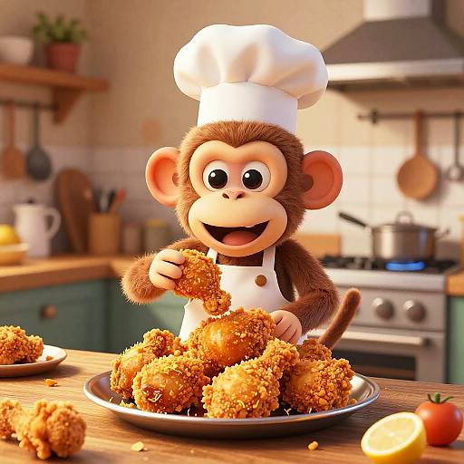 Whimsical Cartoon Monkey Chef Frying Chicken