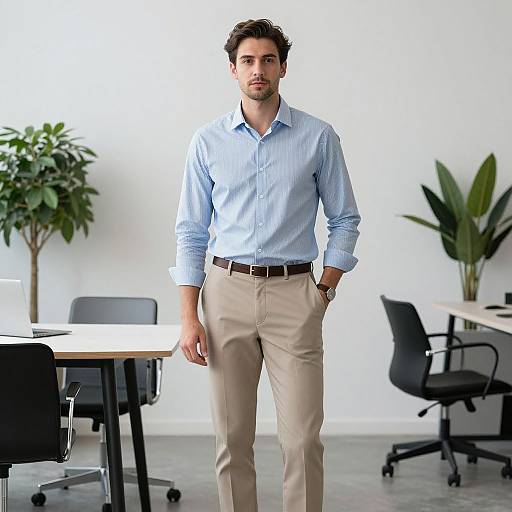 Photograph of a handsome, bearded man in light blue shirt and beige pants standing in a modern, minimalist office with potted plants and black office