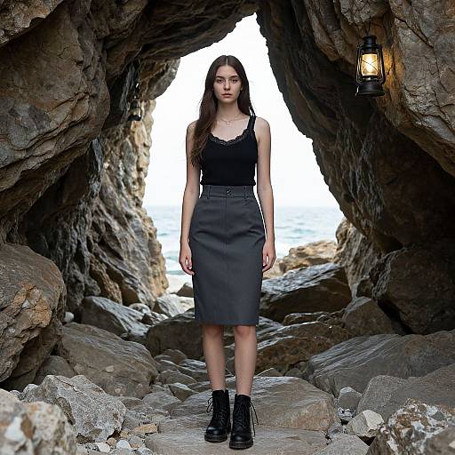 Young Woman in Rocky Coastal Cave