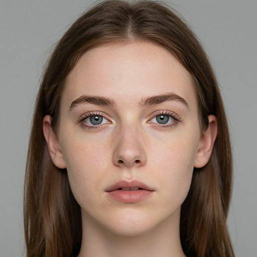 Photograph of a young woman with fair skin, blue eyes, brown straight hair, and natural eyebrows, looking directly at the camera.