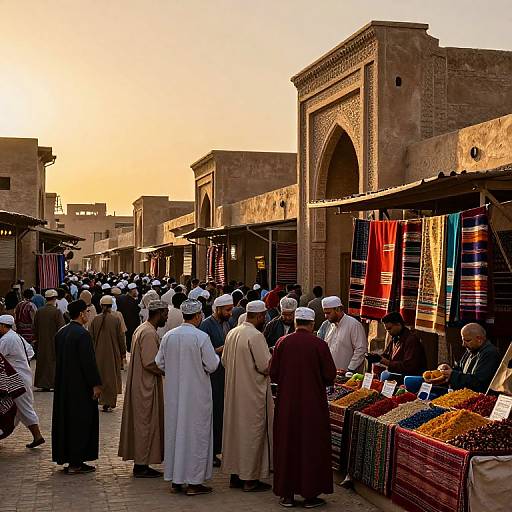 Photograph of a bustling Middle Eastern market at sunset, showing men in traditional white and brown robes and hats, browsing colorful, patterned textiles displayed in