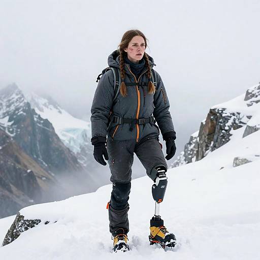Female Mountaineer with Prosthetic Leg in Snowy Alaskan Mountains