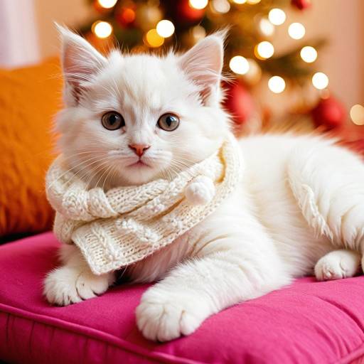 Cream Kitten with White Scarf on Pink Cushion