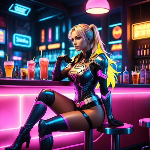 Blonde Superhero Woman at Neon Bar