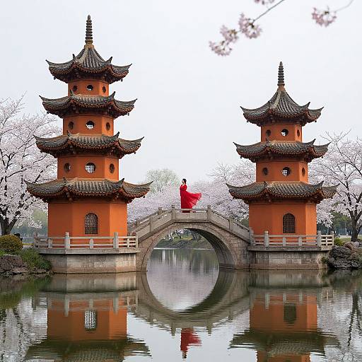 Photograph of a red-roofed Chinese arch bridge with two towers, a person in a red robe standing on it, reflected in a still pond