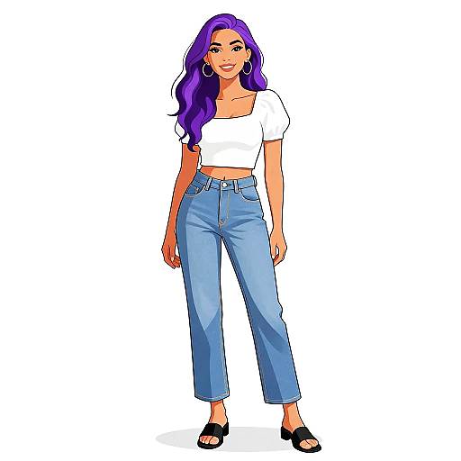 Digital illustration of a woman with vibrant purple hair, wearing a white crop top, high-waisted blue jeans, and black sandals. She stands confidently