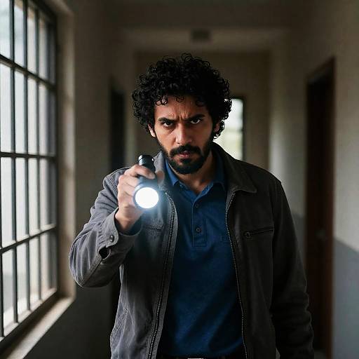 Mysterious Man in Dimly Lit Hallway