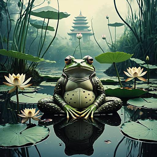 Serene Lotus Frog Meditating in Misty Pond