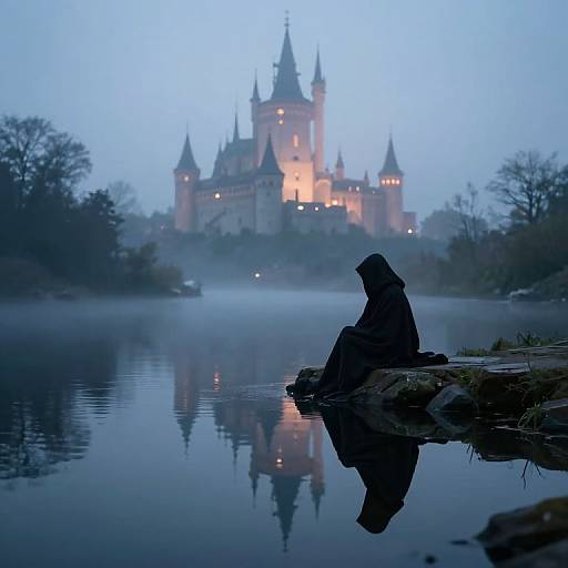 Silhouetted figure in hooded cloak sits by reflective lake at dusk, gazing at illuminated, misty castle in the background. Photographic