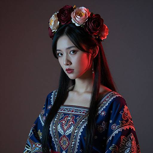 Photograph of an Asian woman with long black hair, wearing an ornate blue embroidered dress, adorned with a flower crown, illuminated by red and blue