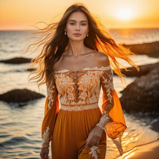Woman in Elegant Off-Shoulder Jumpsuit by Ocean Sunset