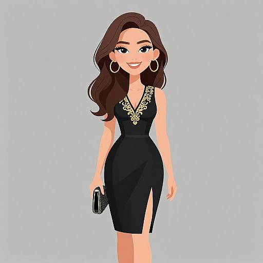 Digital illustration of a smiling woman with long brown hair, wearing a black dress with gold embroidery, holding a black clutch, and wearing large silver hoop earrings